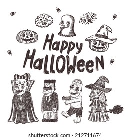 Happy Halloween sketch set of characters - Dracula, Witch, Zombie, Monster, Pumpkin, Bat...