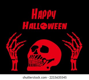 Happy Halloween skull background with full moon and hands, red color 