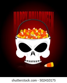 Happy halloween skull basket candy corn. Trick or treat. Sweets for terrible holiday. Horrible skeleton basket for sweets
