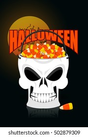 Happy halloween skull basket candy corn. Trick or treat. Sweets for terrible holiday. Horrible skeleton basket for sweets
