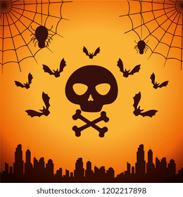 happy halloween skull with bats flying