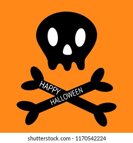 Happy Halloween. Skull with bone crosswise icon shape. White crossbones. Skeleton body part sign symbol. Cute cartoon simple character Pirate flag element Orange background Isolated Flat design Vector