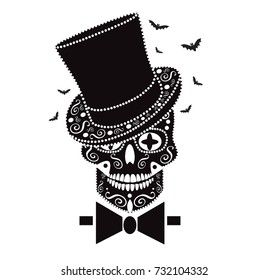 Happy Halloween skull with bow tie, bats and cylinder hat