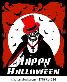 Happy Halloween Skull Dracula with Moonlight, bats and owl vector background
