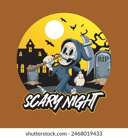 Happy Halloween Skull Grim Reaper Graveyard Night badge and label sticker, banner, patch, greeting card and invitation Vector illustration