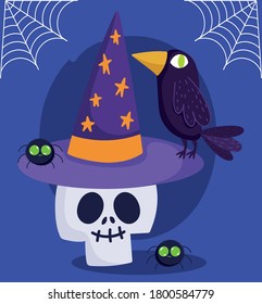 happy halloween, skull with hat raven and spiders trick or treat party celebration vector illustration