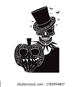 Happy Halloween skull icon  background black and white with cylinder hat, bats and pumpkin 