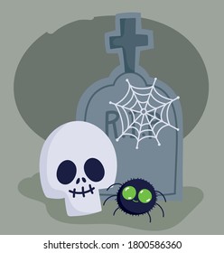happy halloween, skull spider cobweb and tombstone trick or treat party celebration vector illustration