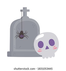 happy halloween skull spider and tombstone vector illustration