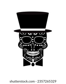 Happy Halloween Skull vector black and white with cylinder hat, business man
