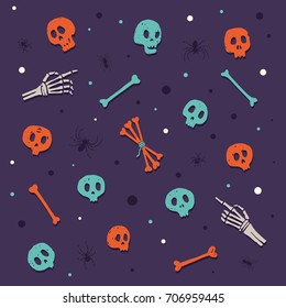 Happy Halloween. Skulls and bones. Set of colored cartoon elements on theme of celebrating Halloween. Vector illustration.