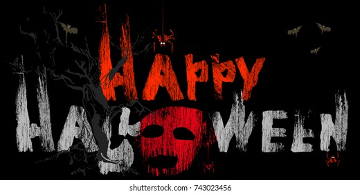 Happy Halloween, slogan, banner, open on a black background. spiders in the night