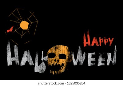 Happy Halloween, slogan, banner, postcard on a black background. Skull, spider web, moon.