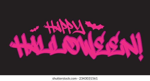 Happy Halloween slogan with the image of bats. Artwork for streetwear, t-shirts, bomber jackets, hoodies. Urban style of street graffiti. Concept of party, celebration, prank. Nostalgia for the 1980'