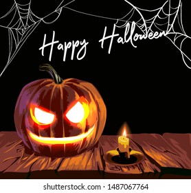 Happy Halloween Slogan With Pumpkin And Candle On Wood Table Illustration