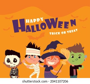 Happy Halloween, Smiling Kids With Costumes