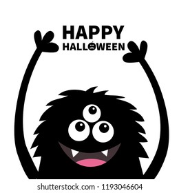 Happy Halloween. Smiling monster head silhouette. Thtee eyes, teeth, tongue, fluffy hair, hands up. Black Funny Cute cartoon character. Baby collection. Flat design. White background Vector