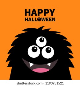 Happy Halloween. Smiling monster head silhouette. Thtee eyes, teeth, tongue, fluffy hair. Black Funny Cute cartoon character. Baby collection. Flat design. Orange background. Vector illustration