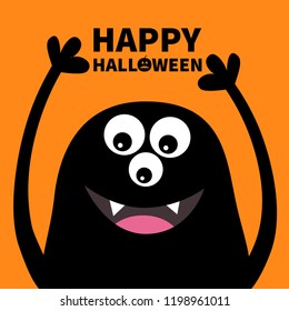 Happy Halloween. Smiling monster head silhouette. Thtee eyes, teeth, tongue, hands up. Black Funny Cute cartoon character. Baby collection. Flat design. Orange background. Vector illustration