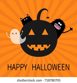 Happy Halloween. Smiling pumpkin face silhouette. Black cat, screaming monster waving hand, flying ghost spirit. Spider insect dash line. Greeting card. Flat design. Orange starburst background Vector