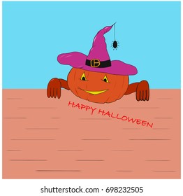 Happy halloween smiling pumpkin leaning over wall