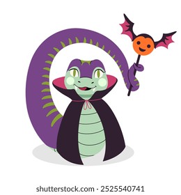 Serpiente de Halloween feliz en un disfraz de carnaval de vampiro. Personaje divertido con caramelos en forma de murciélago. Truco o trato. Acogedora ilustración de otoño. Lindo símbolo de año nuevo. Vector plano.