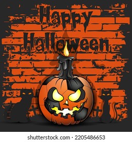 Happy Halloween. Soccer ball in the form of a pumpkin with a candle and cats against the background of bricks. Pattern for banner, poster, greeting card, invitation. Vector illustration 