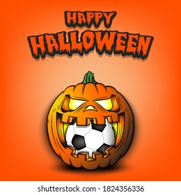Happy Halloween. Soccer ball inside frightening pumpkin. The pumpkin swallowed the ball with burning eyes. Design template for banner, poster, greeting card, party invitation. Vector illustration