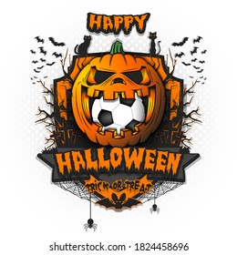 Happy Halloween. Soccer ball inside frightening pumpkin. Cats, bats, spiders, trees, crosses. Design template for banner, poster, greeting card, flyer, party invitation. Vector illustration