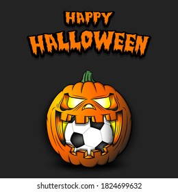 Happy Halloween. Soccer ball inside frightening pumpkin. The pumpkin swallowed the ball with burning eyes. Design template for banner, poster, greeting card, party invitation. Vector illustration