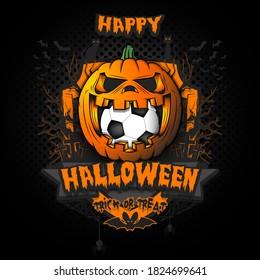 Happy Halloween. Soccer ball inside frightening pumpkin. Cats, bats, spiders, trees, crosses. Design template for banner, poster, greeting card, flyer, party invitation. Vector illustration