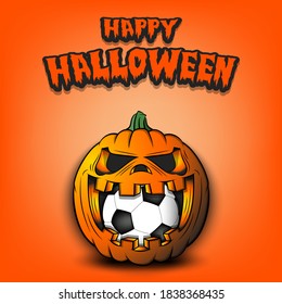 Happy Halloween. Soccer ball inside frightening pumpkin. The pumpkin swallowed the ball with burning eyes. Design template for banner, poster, greeting card, party invitation. Vector illustration