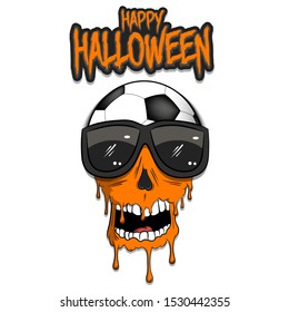 Happy Halloween. Soccer ball with skull in sunglasses with paint. Graffiti illustration of soccer ball with skull on isolated background. Skull art image. Vector illustration