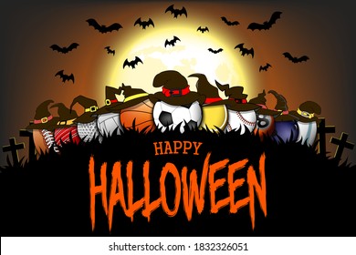 Happy Halloween. Soccer, basketball, tennis, baseball, volleyball, golf, bowling, billiard, cricket, rugby, football ball in witch hat. Vector illustration