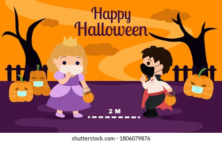 Happy halloween with social distancing tips for kids. Boy and girl keep safe distance and wearing protective mask. Nursery flat cartoon vector design with spooky background.