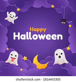 Happy Halloween social media greeting. Ghost, stars, clouds. 3D render vector frame.