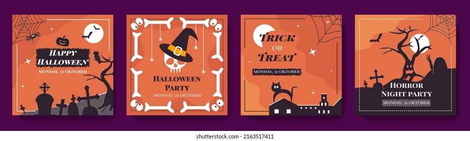 Happy Halloween social media post design template set. Autumn backgrounds with different scary elements. Vector illustration for greeting card, invitation, web banner advertising, poster