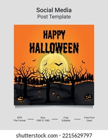 Happy Halloween Social media post template design. Pumpkin with Horror Halloween Concept. Vector illustration for greeting card, invitation, web banner advertising, poster.