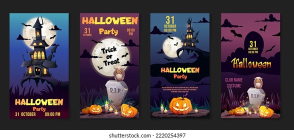 Happy Halloween social media post set. Big collection of Invitation posters with pumpkins and scary bats. Vector cartoon illustration for event party flyer, banner template.