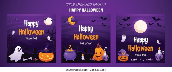 Happy Halloween social media post template. Halloween banner with pumpkin and full moon. Halloween Trick or Treat social media post vector illustration