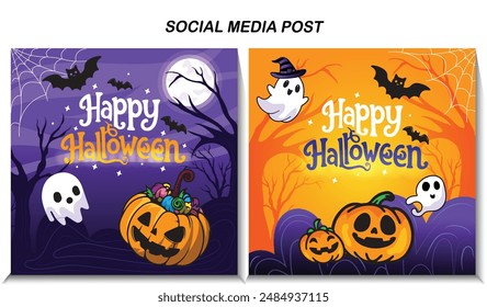 Happy Halloween social media post with pumpkin ghost moon