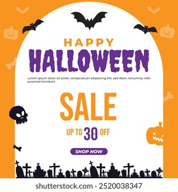 Happy Halloween Social media post design template. Sale up to 30 off. orange and purple color vector art.