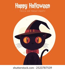 Happy Halloween social media post. Halloween scary cat. Happy Halloween scary background or banner, vector backdrop with Scary halloween cat wearing hat.