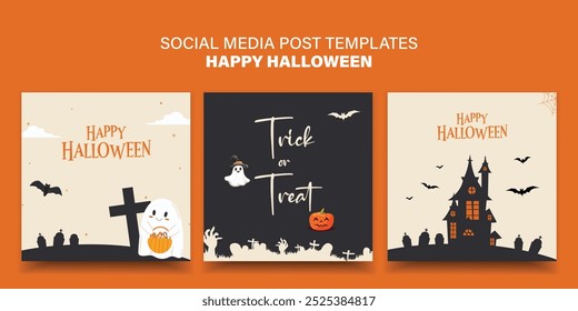 Happy Halloween social media post template. Halloween banner with pumpkin and full moon. Halloween Trick or Treat social media post vector illustration.