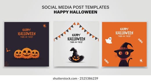 Feliz Halloween Plantilla de publicación en redes sociales. Anuncio de Halloween con calabaza y luna llena. Truco o trato de Halloween en la Ilustración vectorial de publicaciones en redes sociales.