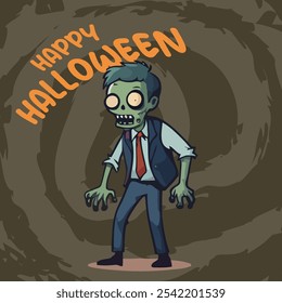 Feliz Halloween Social Media Post Template Spooky Zombie Illustration.Design para convites de festa, promoções de férias, anúncios festivos e evento de halloween.