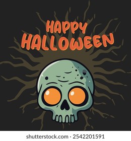 Feliz Halloween Social Media Post Modelo Spooky Skull Zombie Ilustração. Design para convites de festa, promoções de férias, anúncios festivos e evento de halloween.