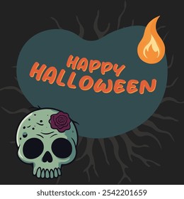 Feliz Halloween Social Media Post Modelo Spooky Skull Zombie Ilustração. Design para convites de festa, promoções de férias, anúncios festivos e evento de halloween.