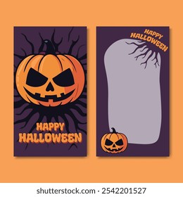 Feliz Halloween Social Media Story Plantilla Calabaza Jack-O'-Lantern Ilustración. Diseño para invitaciones de fiesta, promociones de vacaciones, anuncios festivos y eventos de halloween.