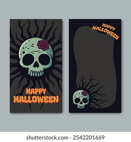 Feliz Dia das Bruxas Social Mídia História Modelo Spooky Skull Zombie Ilustração. Design para convites de festa, promoções de férias, anúncios festivos e evento de halloween.